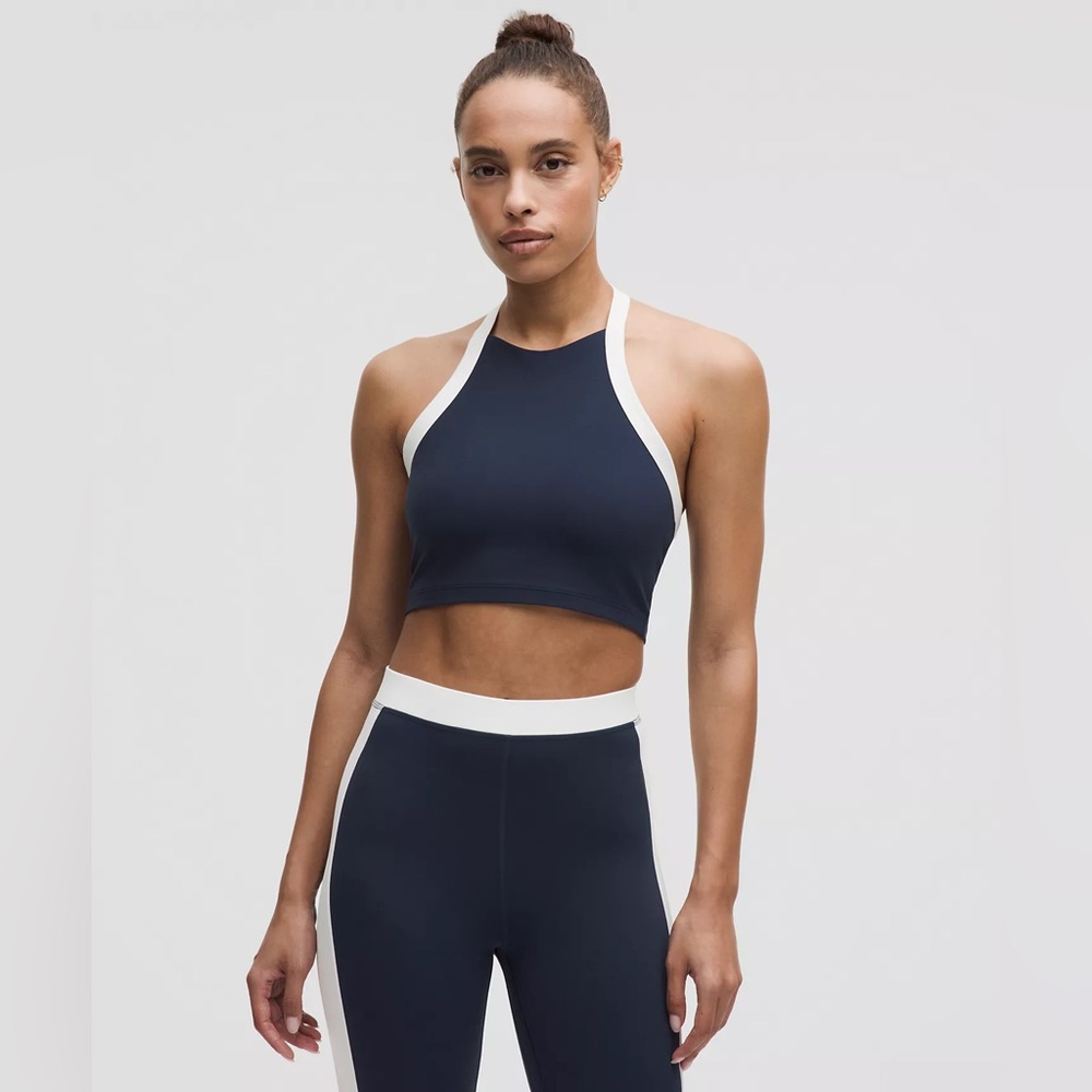 Lululemon Nulu Cropped Halter Tank Top size L Club Blue/White CLBL/WHT